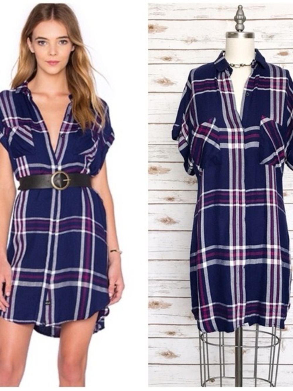 NWT Rails Haley Plaid V-Neck Shirt Dress in Navy with Pink Stripes